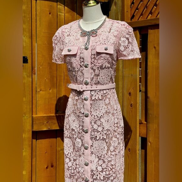 🆕 SELF-PORTRAIT 🧿 BNWOT Pink Lace Diamante Bow Midi Dress, Sz US 4 / UK 8 - Picture 8 of 16